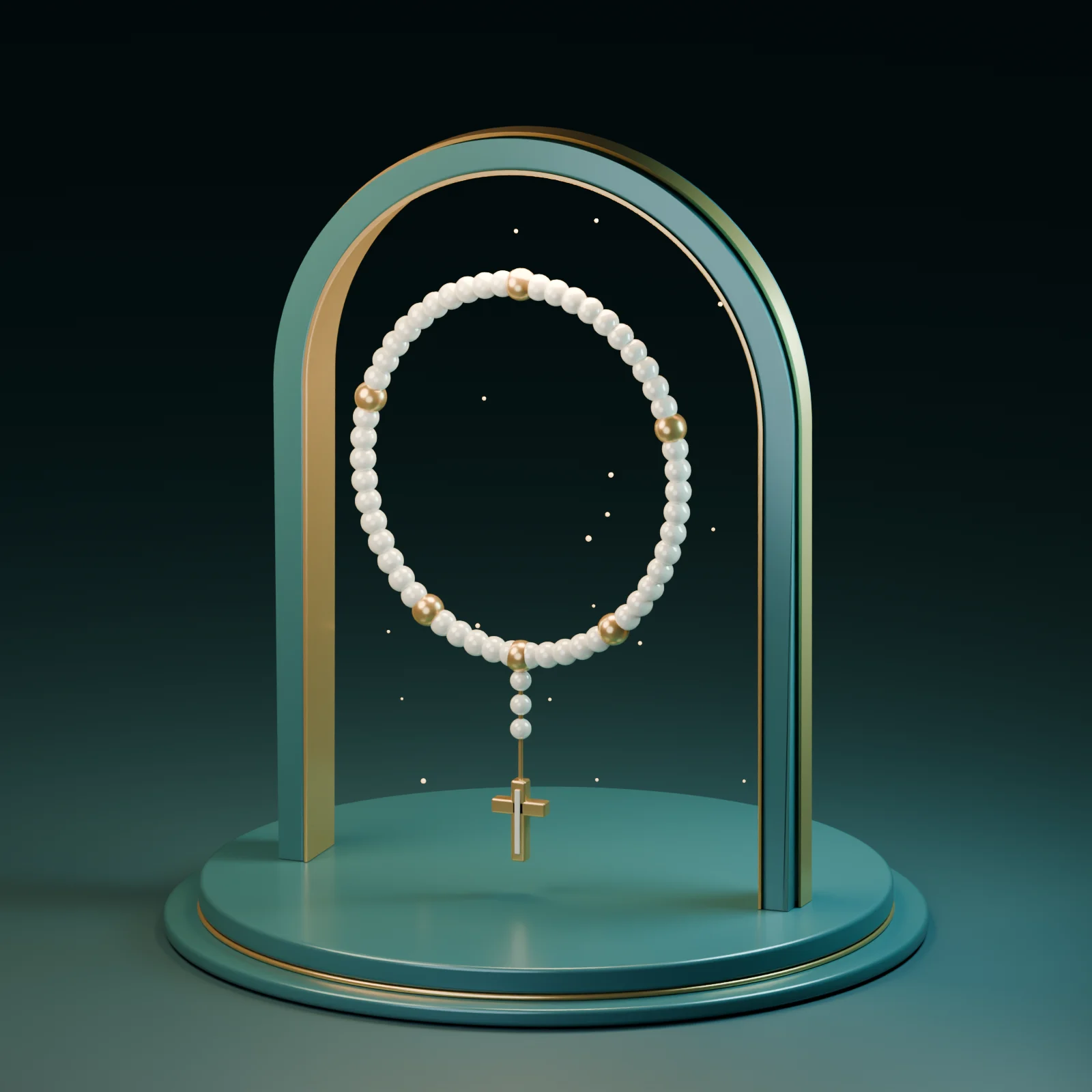 A pearl rosary suspended inside a candlelit golden arch